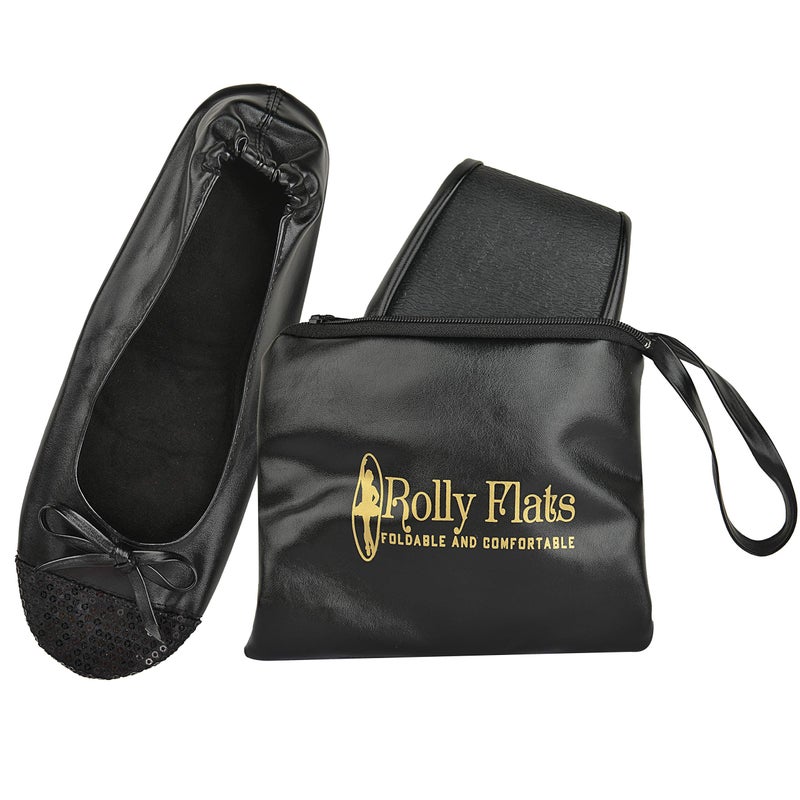Rolly Flats Women's Foldable Flats â€“ Portable Ballet Slippers Shoes for Travel, Wedding â€“ Fits in Purse (L, Black Sequin Tip) - Image 1